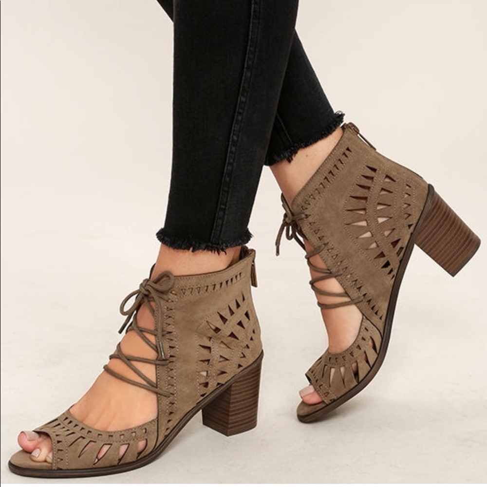 Taupe Laser Cut Gladiator Lace Up Peep Toe Sandal - Picture 2 of 5